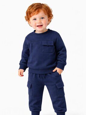 NWT Cat & Jack Toddler Boys Navy Blue Pocket Crewneck Sweatshirt & Jogger Set 3T
